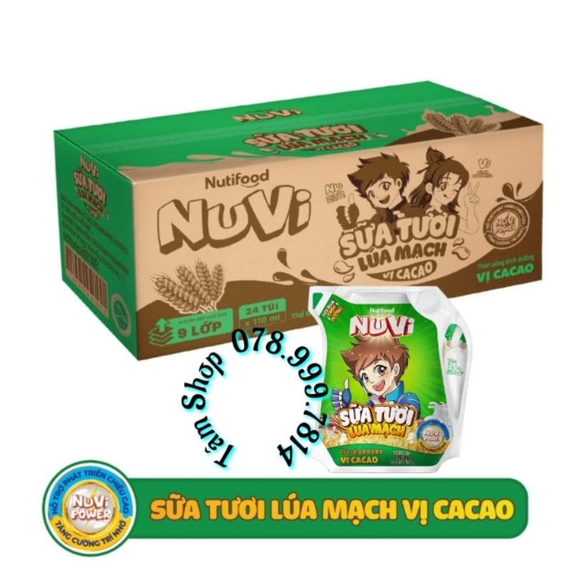 THÙNG 24 TÚI SỮA TƯƠI LÚA MẠCH VỊ CACAO NUVI (TÚI 110ML)
