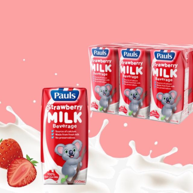 Sữa Tươi Pauls Vị Dâu Nhập Từ Úc Hộp 200Ml, Thùng 24 Hộp