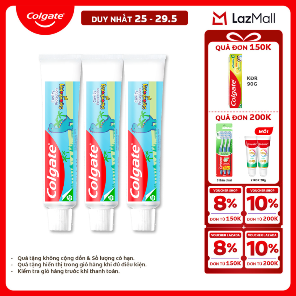 [Chỉ 25-29.5_X2 Voucher giảm 20%] Bộ 3 kem đánh răng Colgate trẻ em khủng long hương dâu 40g