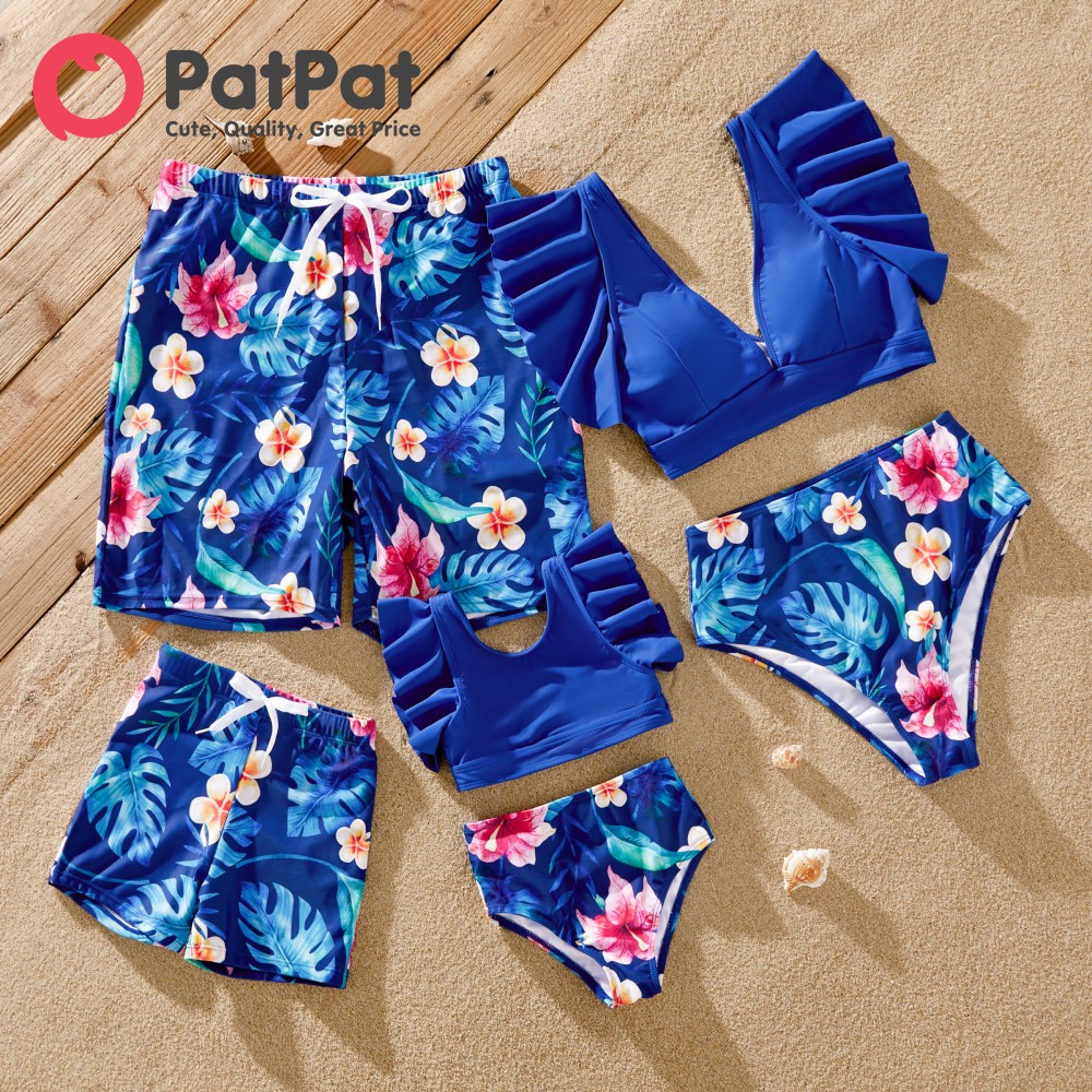 PatPat Family Matching Blue Floral Drawstring Swim Trunk or Ruffle Sleeves