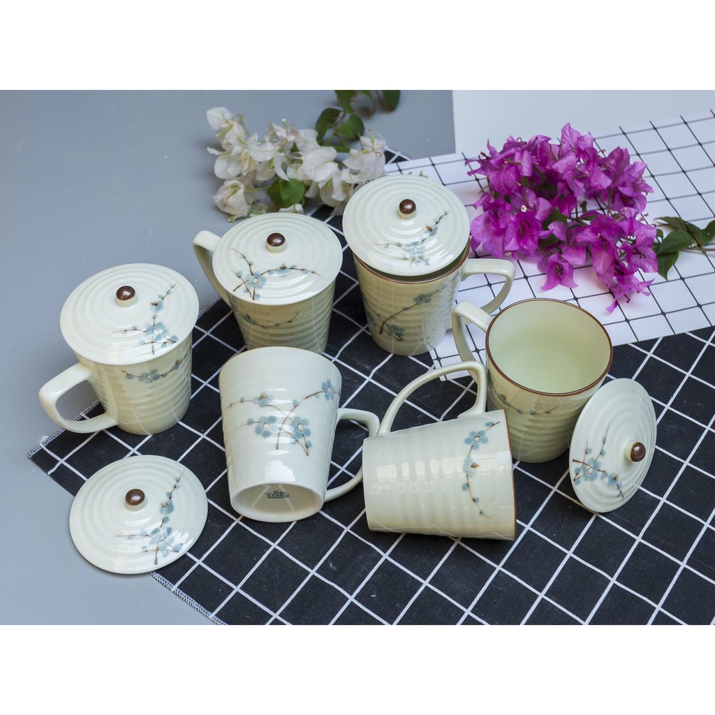 Cốc Sứ, Ly Sứ, Cốc Uống Nước Có Quai Kèm Nắp Đậy - Gốm Bát Tràng - Bát Tràng Fam