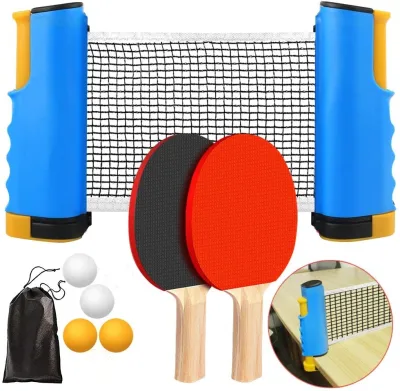 Table Tennis Ping Pong Paddle Set Portable Set with Retractable Net 2 Rackets 4 Balls and Carry Bag for Children Adult