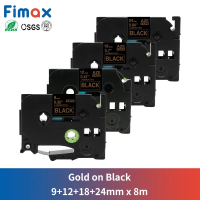 Fimax 4pcs 9+12+18+24mm Gold on Black Compatible TZe Label Tape for Brother P touch Label Maker Printer Labeller PTD600／PTD600VP／PTE500／PTE500VP／PTE550W／PTE550WVP