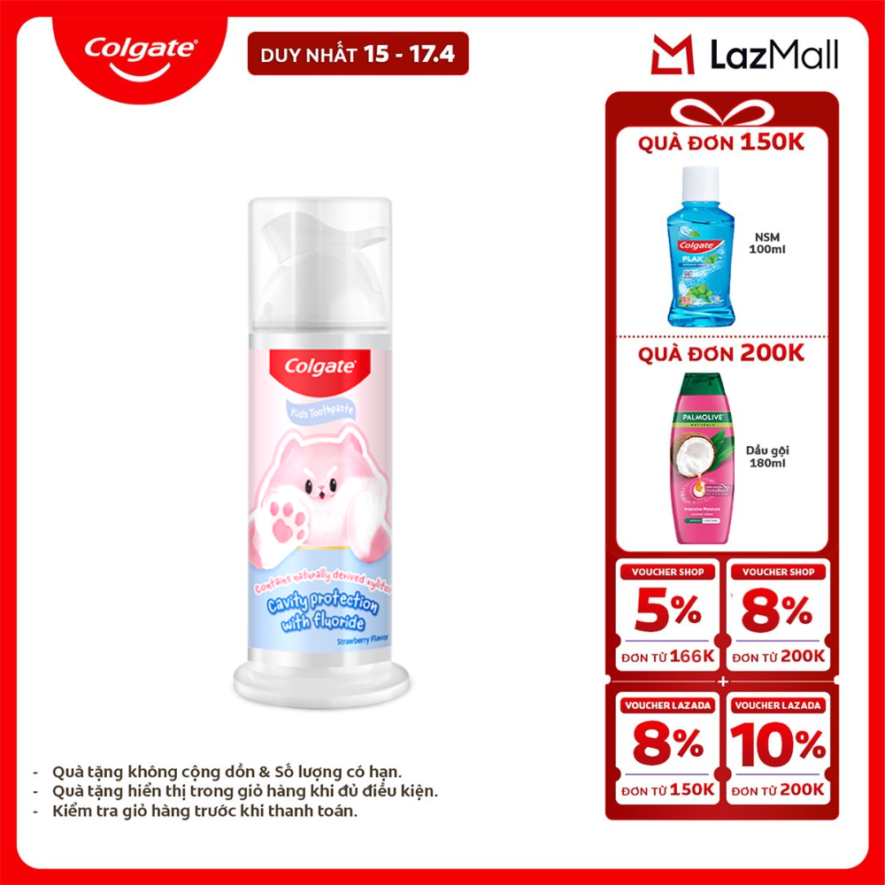 [Chỉ 15-17.4_X2 Voucher giảm đến 18%] Kem đánh răng Colgate cho trẻ em Fluffy hương dâu, dạng nhấn dễ sử dụng 85g