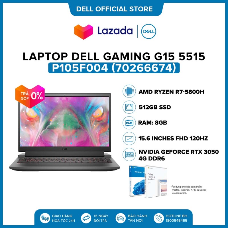 Bảng giá Laptop Dell Gaming Dell G15 5515 (AMD Ryzen Edition 5515 / R7 - 5800H / 8GB / 512GB SSD / NVIDIA GeForce RTX3050 4GB / McAfee / Office Home & Student 2021 / Windows 11) l Grey l P105F004 (70266674) Phong Vũ