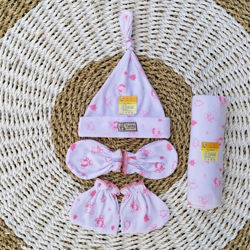 4 In 1 Bedong Set Topi Sarung Tangan Kaki Bayi Baru Lahir Newborn Motif Print Animal Talitababywear