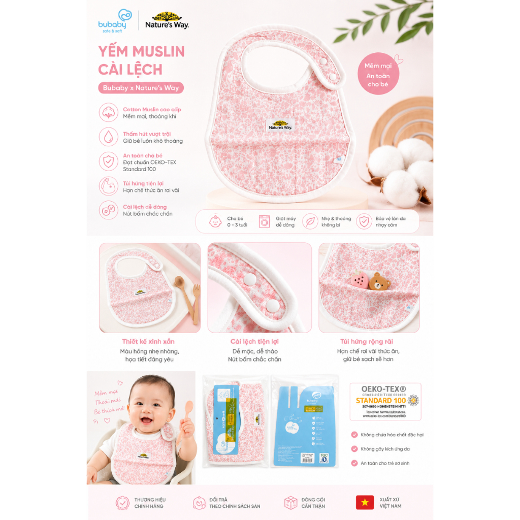 Yếm Ăn Dặm Muslin Bubaby x Nature's Way Cho Bé - Yếm Cài Lệch Cotton Mềm Mịn, Thấm Hút Mồ Hôi