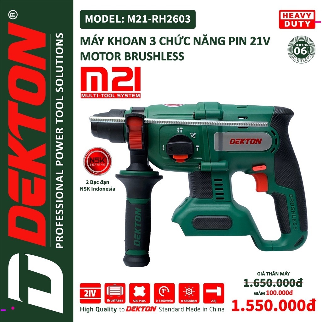 Máy Khoan Bê Tông Dùng Pin Dekton M21-RH2603 - 3 Chức Năng - Motor Brushless - Chân Pin Phổ Thông CHÍNH HÃNG