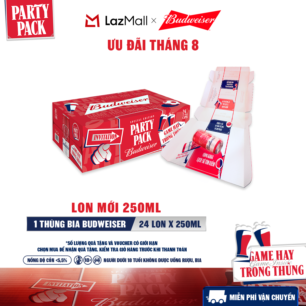 Thùng 24 Lon Bia Budweiser PartyPack Chính Hãng (250ml/lon)
