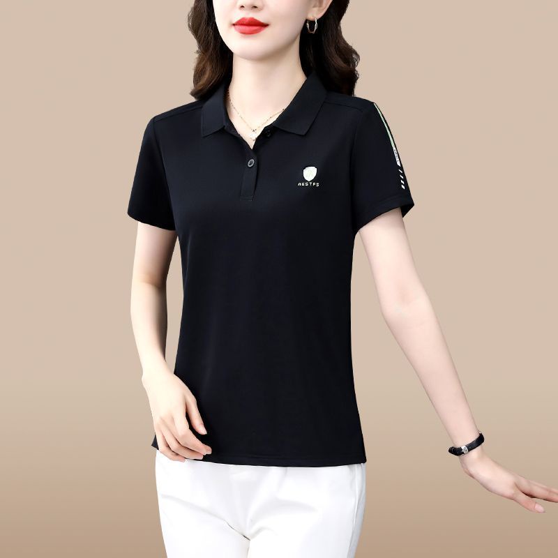 Áo thun tay ngắn Cho Phụ Nữ Với Có Thể Gập Lại Cổ Áo Áo Đồng Bằng Polo Áo Sơ Mi Tây Trung niên Mẹ Giản Dị thể thao thân trên