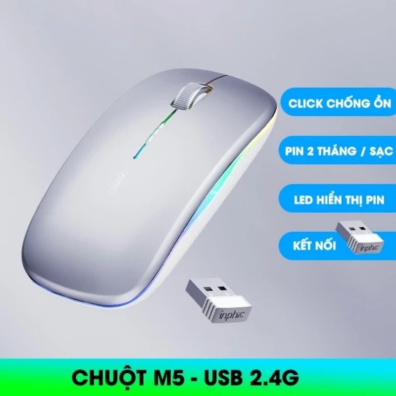 Chuột không dây tự sạc pin TEKKIN INPHIC M5 con lăn kim loại ko tiếng click sạc 1 lần dùng 8 tuần cho máy tính