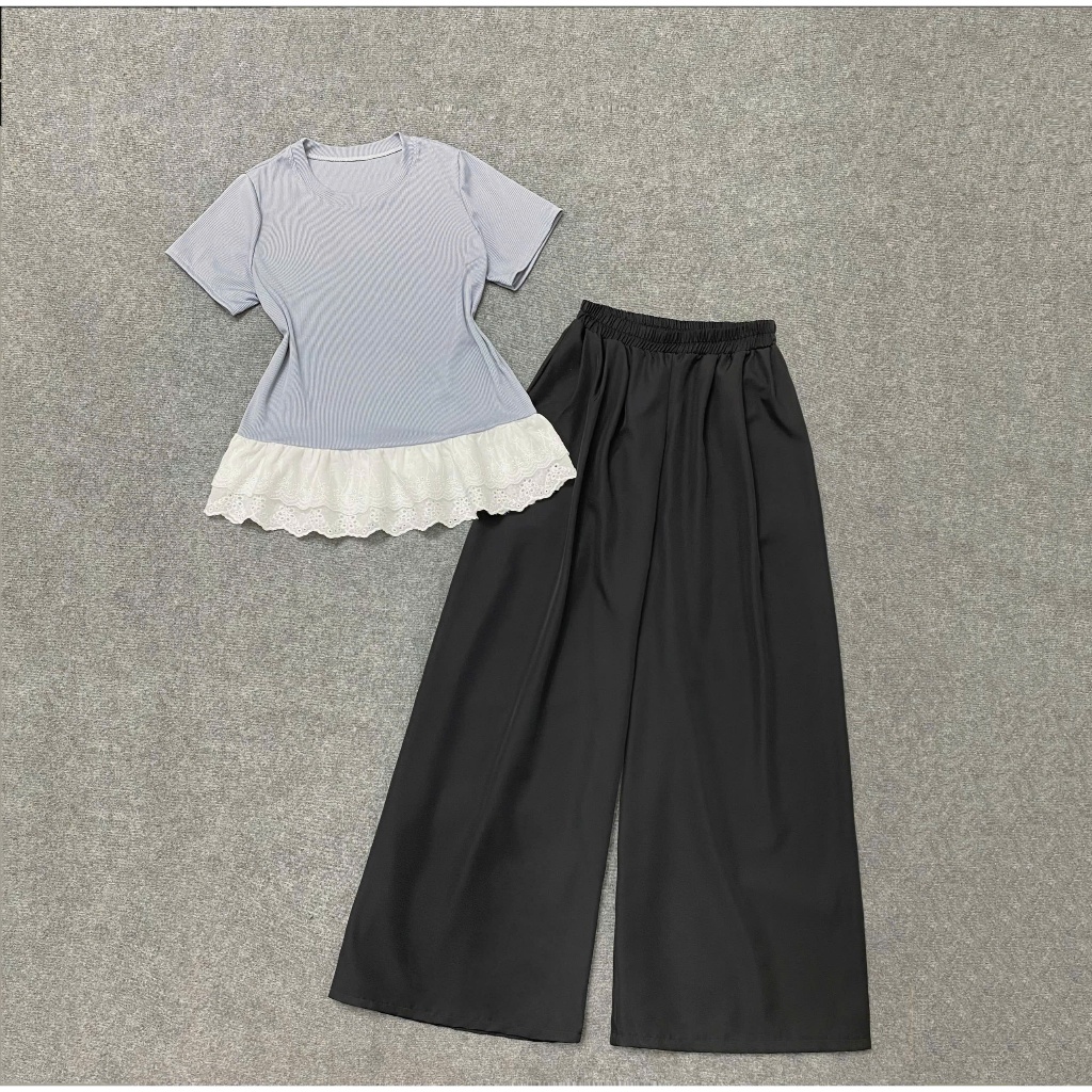 Set bộ bigsize nữ áo kiểu tay ngắn phối ren hoa kèm quần dài suôn rộng eo chun mặc mát SET(A281+Q530) thanh lịch