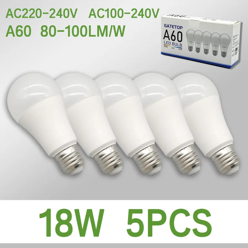 Bộ 5 bóng đèn LED tiết kiệm năng lượng 18W E27 hình cầu bóng cho ánh sáng trắng ấm sáng trong phòng khách và phòng ngủ
