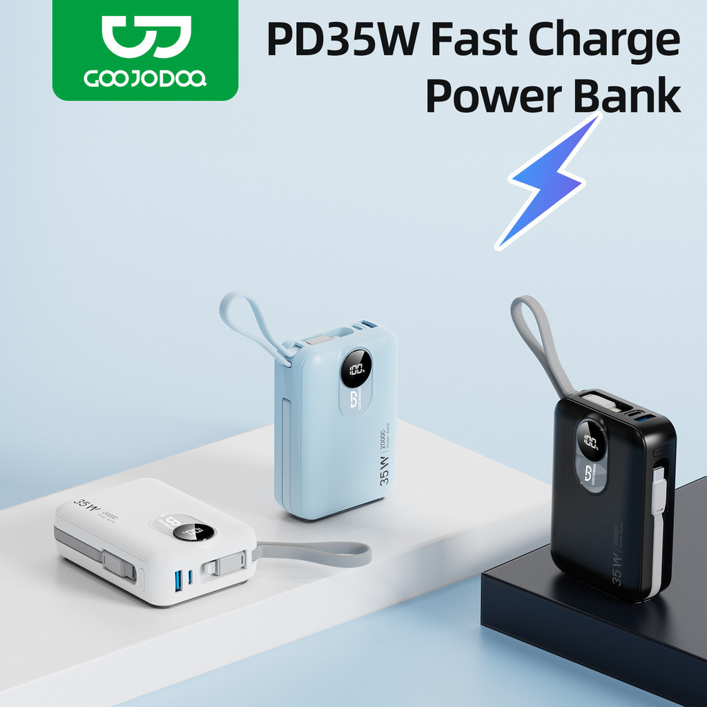 Goojodoq Compact Power Bank with Built-In Cable, Pd35W Fast Charging, 20000Mah, Digital Display Capacity.
