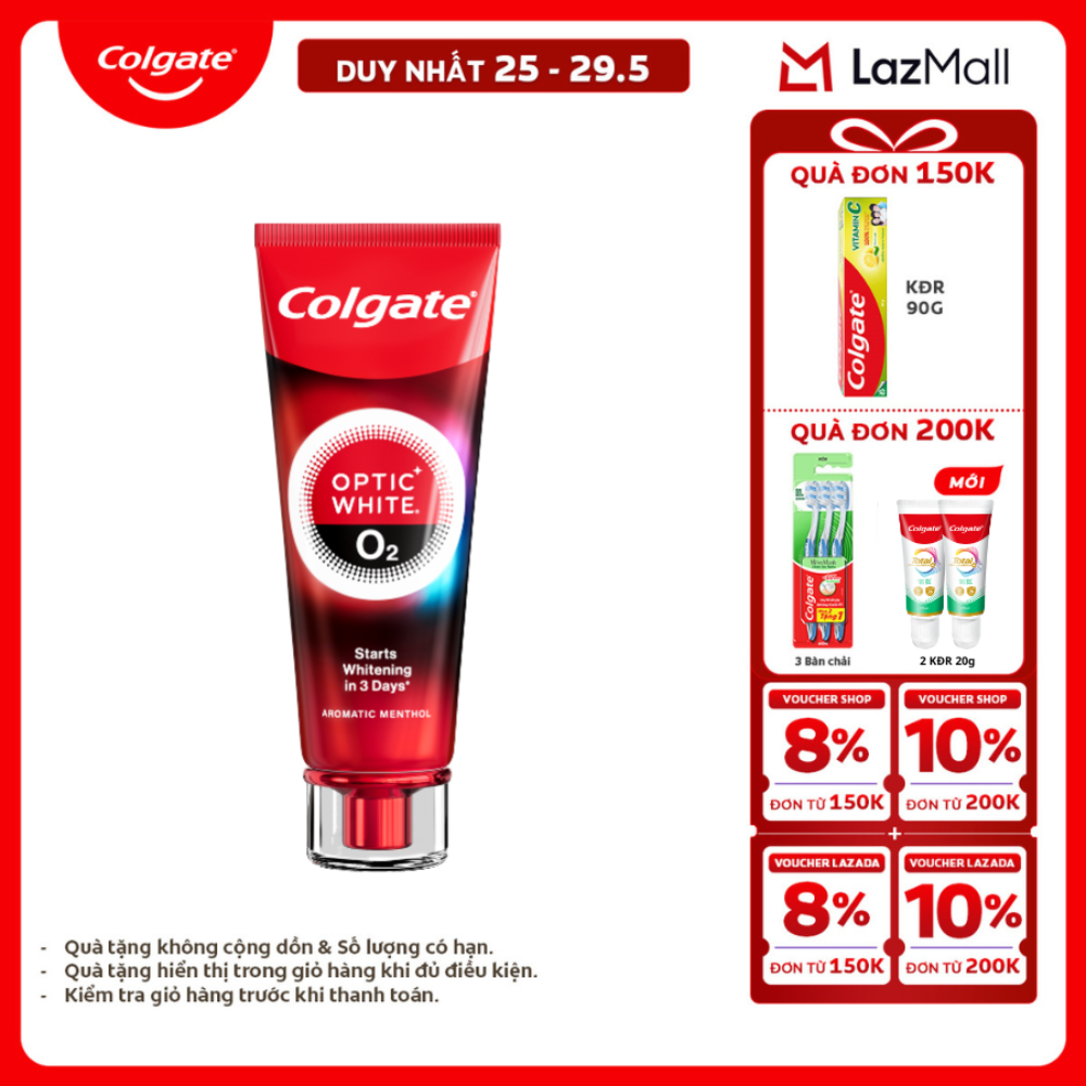 [Chỉ 25-29.5_X2 Voucher giảm 20%] Kem Đánh Răng Colgate trắng răng đột phá CHỈ TRONG 3 NGÀY Optic White O2 với Oxy Hoạt Tính 85g/ tuýp