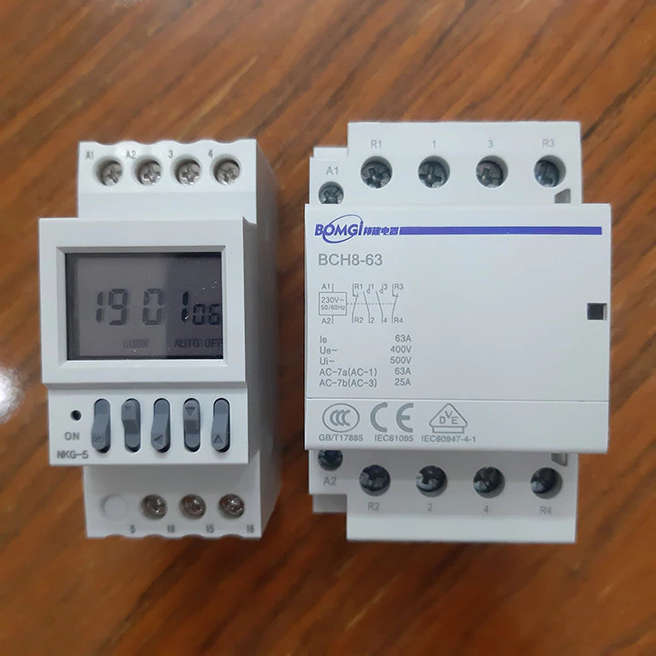 Khởi động từ 2NO/2NC 63A BOMGI và Bộ chuyển nguồn tự động luân phiên 15 ngày/ tháng Timer tháng NKG5