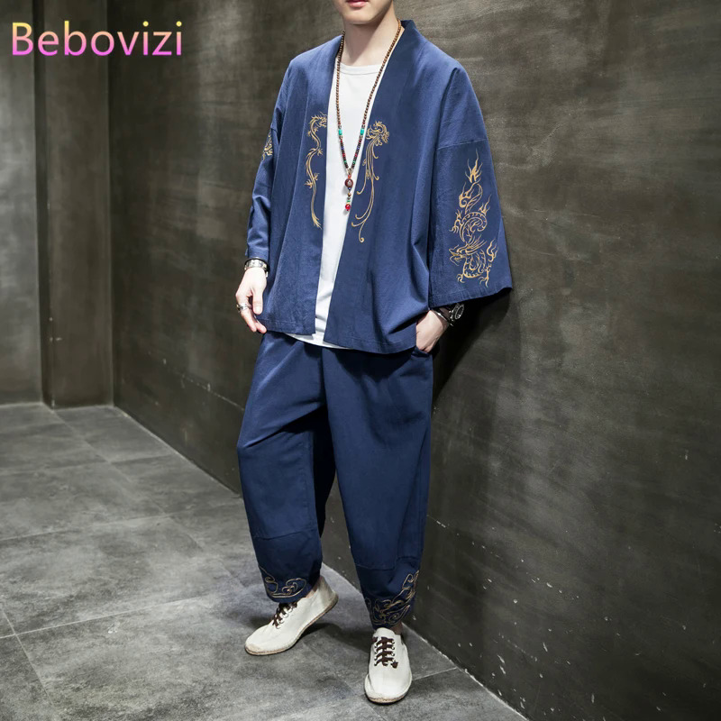 4xl 5xl Cotton Linen Thêu Kimono daopao áo phù hợp với mùa hè Truyền Thống Trung Quốc quần áo phong cách Orient tang Hanfu cho nam giới Bộ