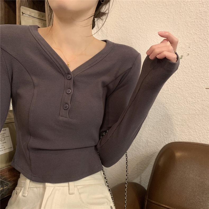 [FreeShip] Áo thun body nữ dài tay cổ tim bo eo phối cúc tròn Áo Croptop kiểu vạt bầu Basic tôn dáng