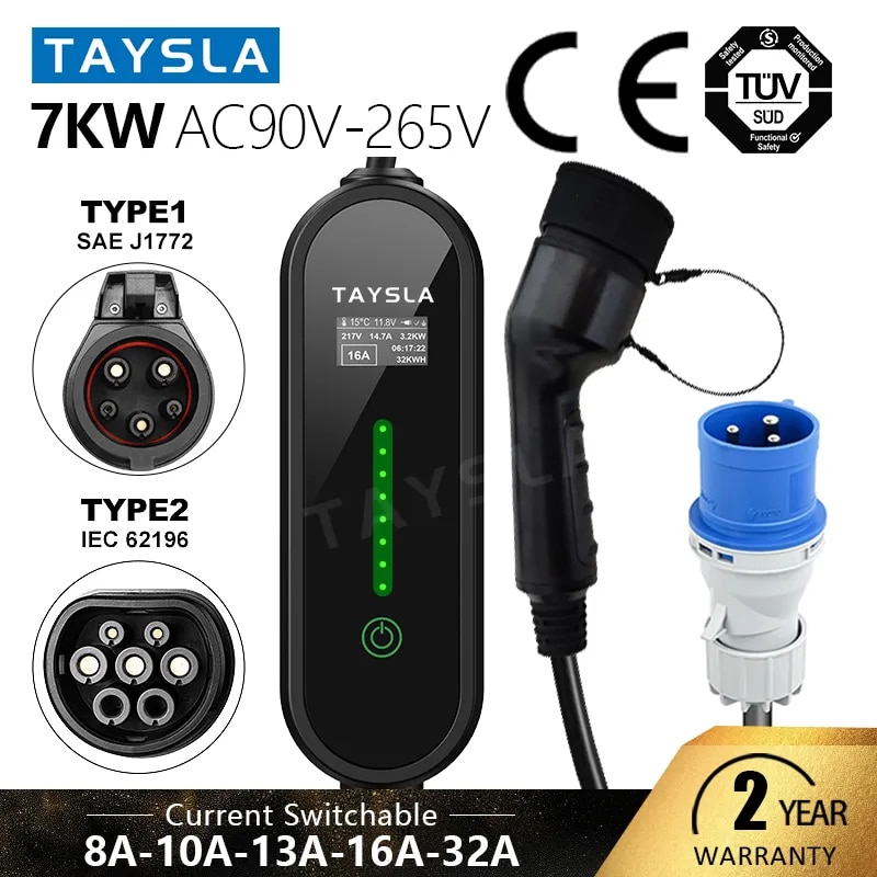 ✅ TAYSLA Electric Car Charger Type 2 32A 16A Charger Type 1 EV Charger Portable Electric Vehicle Charging Cable GBT For Tesla BYD ราคา  5,069 บาท*ส่งฟรี