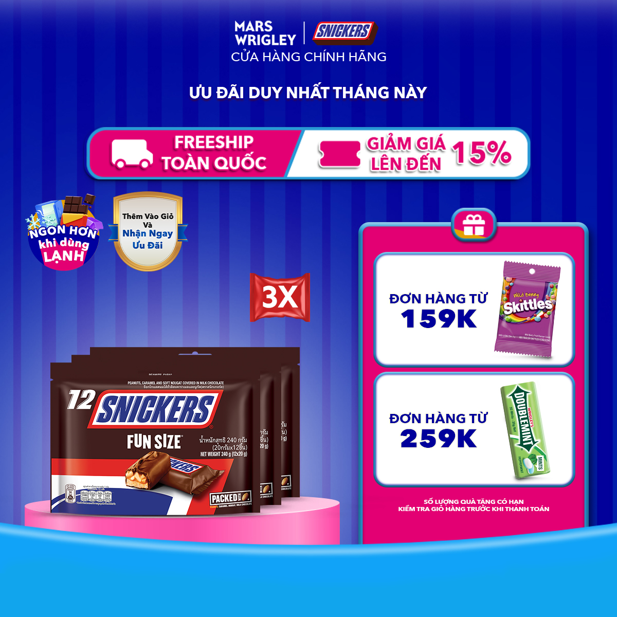 [Tặng 1 Hũ Doublemint] Combo 3 túi Kẹo Socola Snickers Funsize 240g (12 thanh x 3)