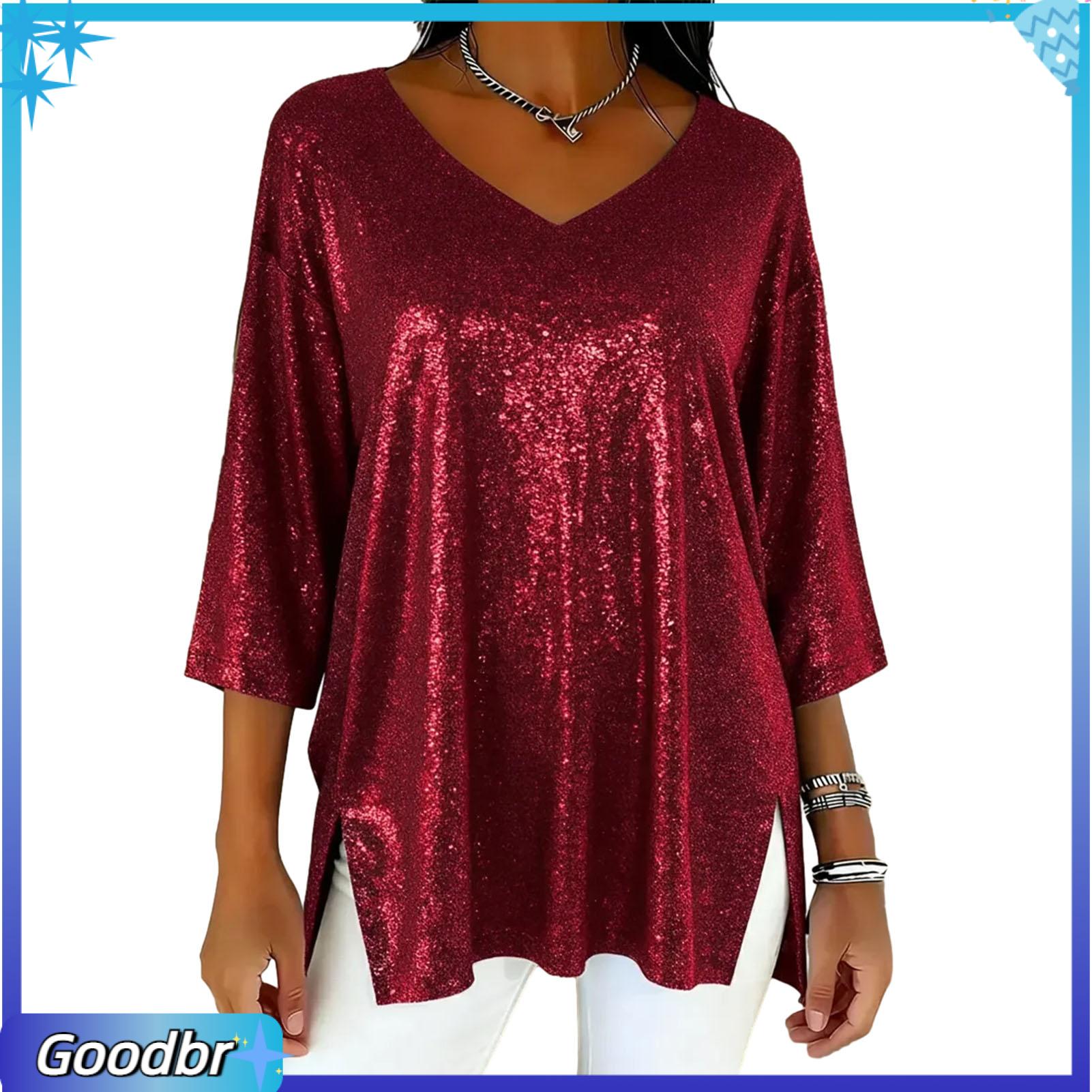 Goodbro Áo sơ mi nữ lấp lánh Áo nữ áo chui đầu vừa rộng Tay 3/4 cổ chữ V màu trơn áo cánh thường ngày thiết kế bóng loáng thoải mái và quần áo nữ cho trang phục hàng ngày