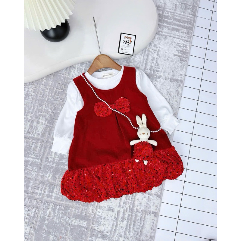 Váy đầm bé gái TM998 Set áo dài tay váy đầm đỏ noel kèm thỏ đeo chéo cho bé
