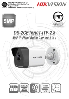 Hikvision DS-2CE16H0T-ITF 5MP 2.8mm Smart IR Bullet CCTV Camera (2560 × 1944 Resolution, IP67 Weatherproof, 4 in 1 video output (switchable TVI/AHD/CVI/CVBS)