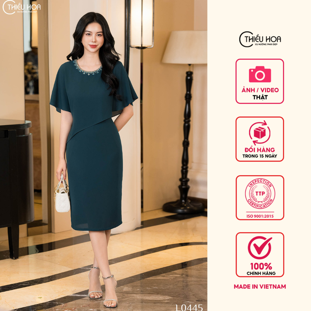  Đầm thiết kế cao cấp sang trọng chất liệu Tằm Ý thương hiệu Thiều Hoa DD4L0445 