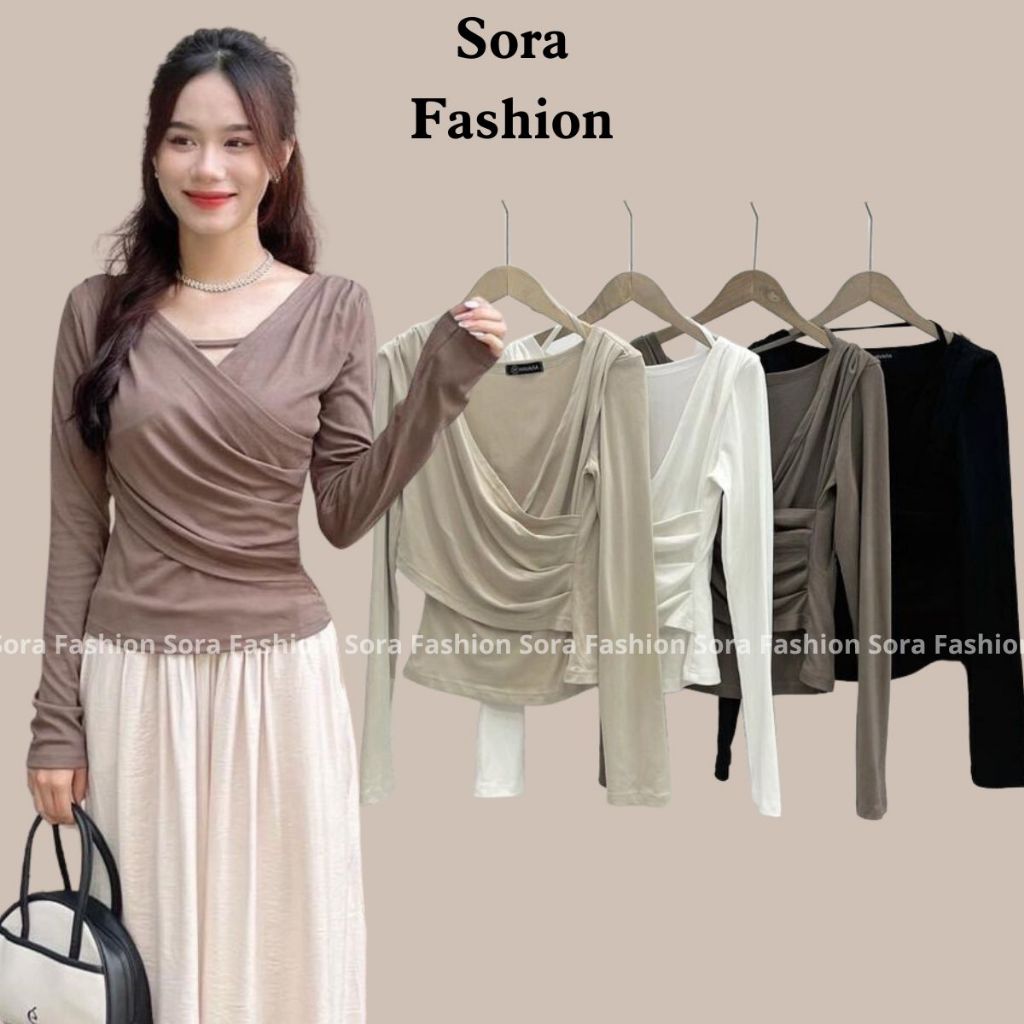 Áo Thun Kiểu Nữ BigSize Dài Tay Vạt Chéo Sora FashionÁo Kiểu Nữ BigSize Dài Tay Vạt Chéo Chất Liệu Thun Cotton 110