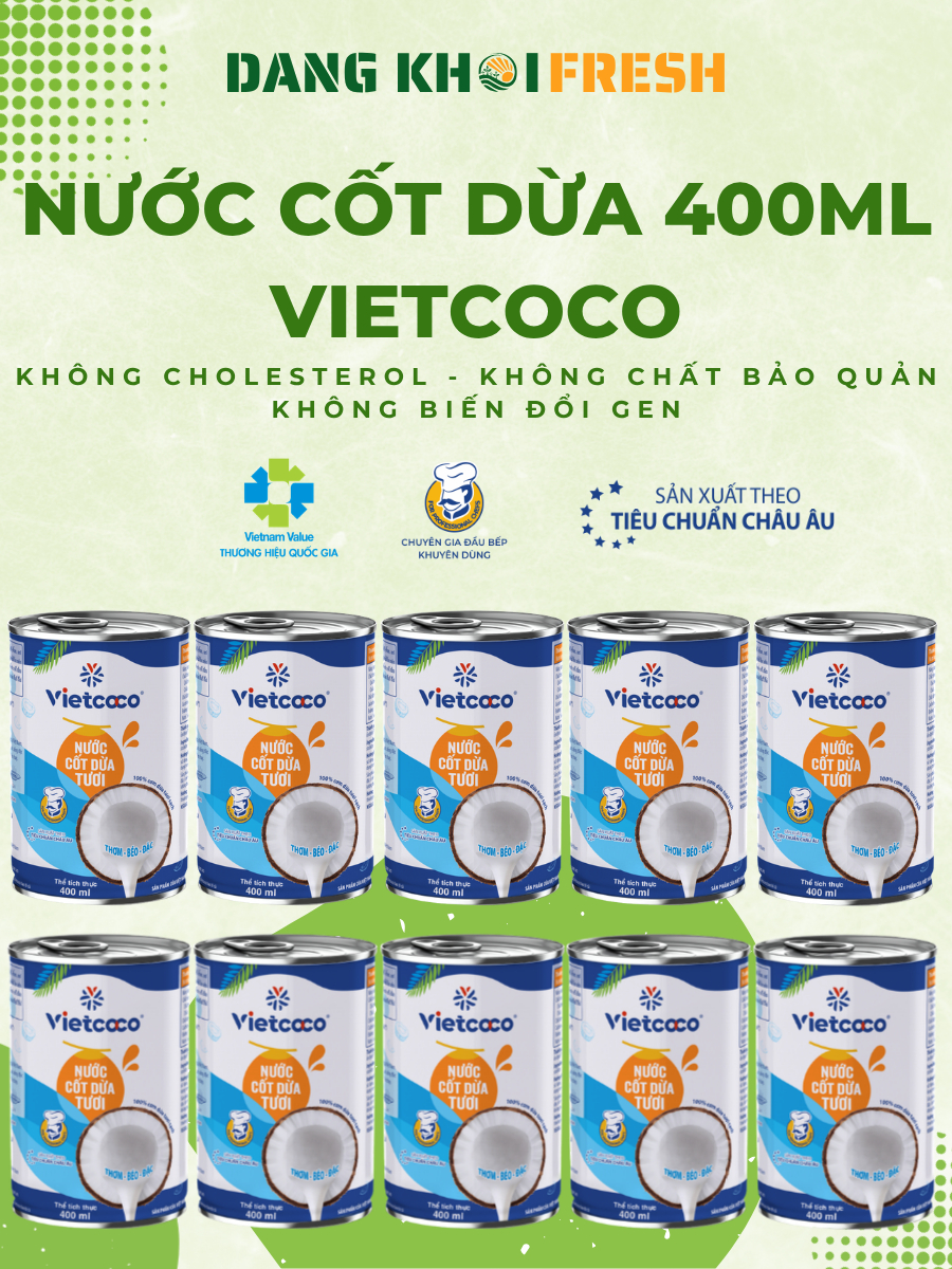 COMBO 10 Lon Nước Cốt Dừa VIETCOCO 400ml Coconut Nấu Ăn Trà Sữa Cafe Không GMO Không Cholesterol