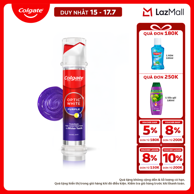 [Chỉ 15-17.7_Voucher đến 18%] [Phiên bản giới hạn] Kem đánh răng Colgate Optic White Purple x IU vòi nhấn thông minh, trung hòa sắc vàng cho răng trắng sáng hơn  130g/ ống