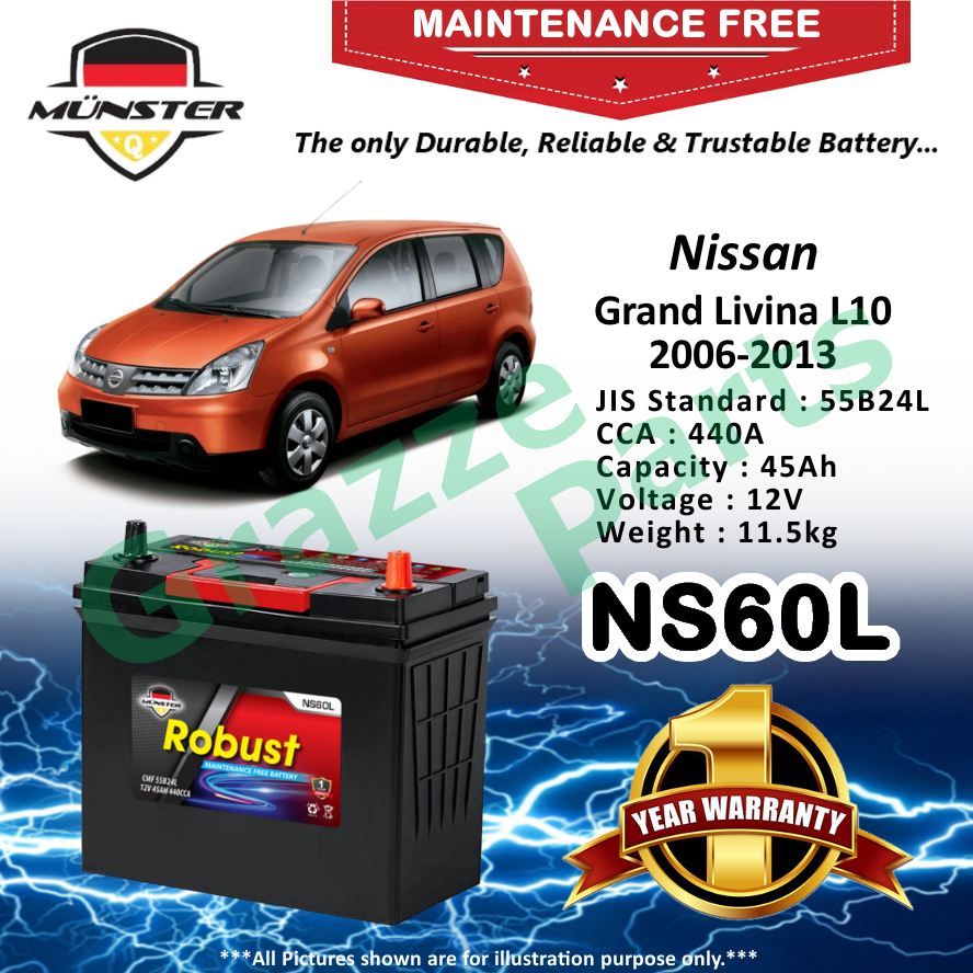 Mnster Robust MF CMF NS60L | 55B24L (45AH) Car Battery Bateri Kereta for Nissan Grand Livina L10 2006-2013