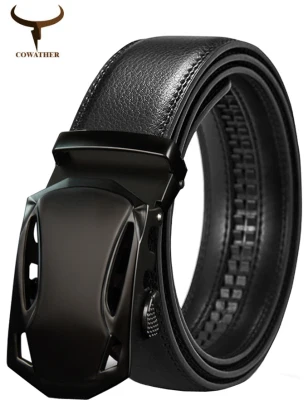 COWATHER Men Ratchet Leather Dress Belts, 100% Genuine Leather Casual Work Belt for Men with Automatic Lock Alloy Buckle