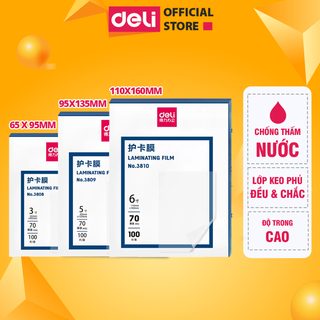 Màng Ép Nhiệt Deli - Tập 100 Màng, Nhiều Kích Thước A6, A7, A8, 70 Mic, Lưu Trữ và Bảo Vệ Եài Liệu, Ảnh, Giấy tơ`, Chất Lượng Cao, Bền Bỉ, Dễ Dàng Sử Dụng