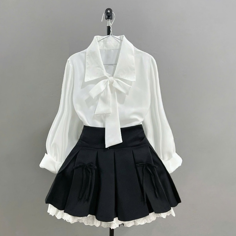 Set Bộ Kiểu Tiểu Thư Bigsize Nữ Áo Sơ Mi Cột Nơ Xinh Kèm Chân Váy A Lưng Cao Phối Viền Ren có bảo hộ- SET ( SM16+CV419)