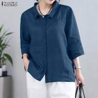 ZANZEA Women Vintage Solid Color Turn-Down-Collar Shirt 3/4 Sleeve Button Work Casual Top #1013
