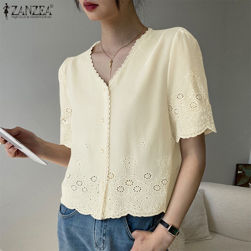 Hijabfab ZANZEA phong cách Hàn Quốc Phụ nữ văn phòng chính thức ren ngắn tay áo nhiều mảnh áo cổ chữ V #0616