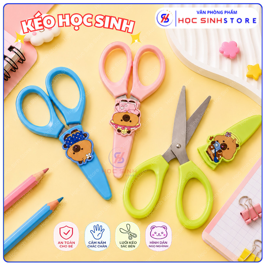 Kéo Học Sinh Capypets M690 Deli Dài 120mm, Nắp Đậy Bảo Vệ Lưỡi Kéo, Đầu Kéo Bo Tròn, Lưỡi Bằng Thép Không Gỉ