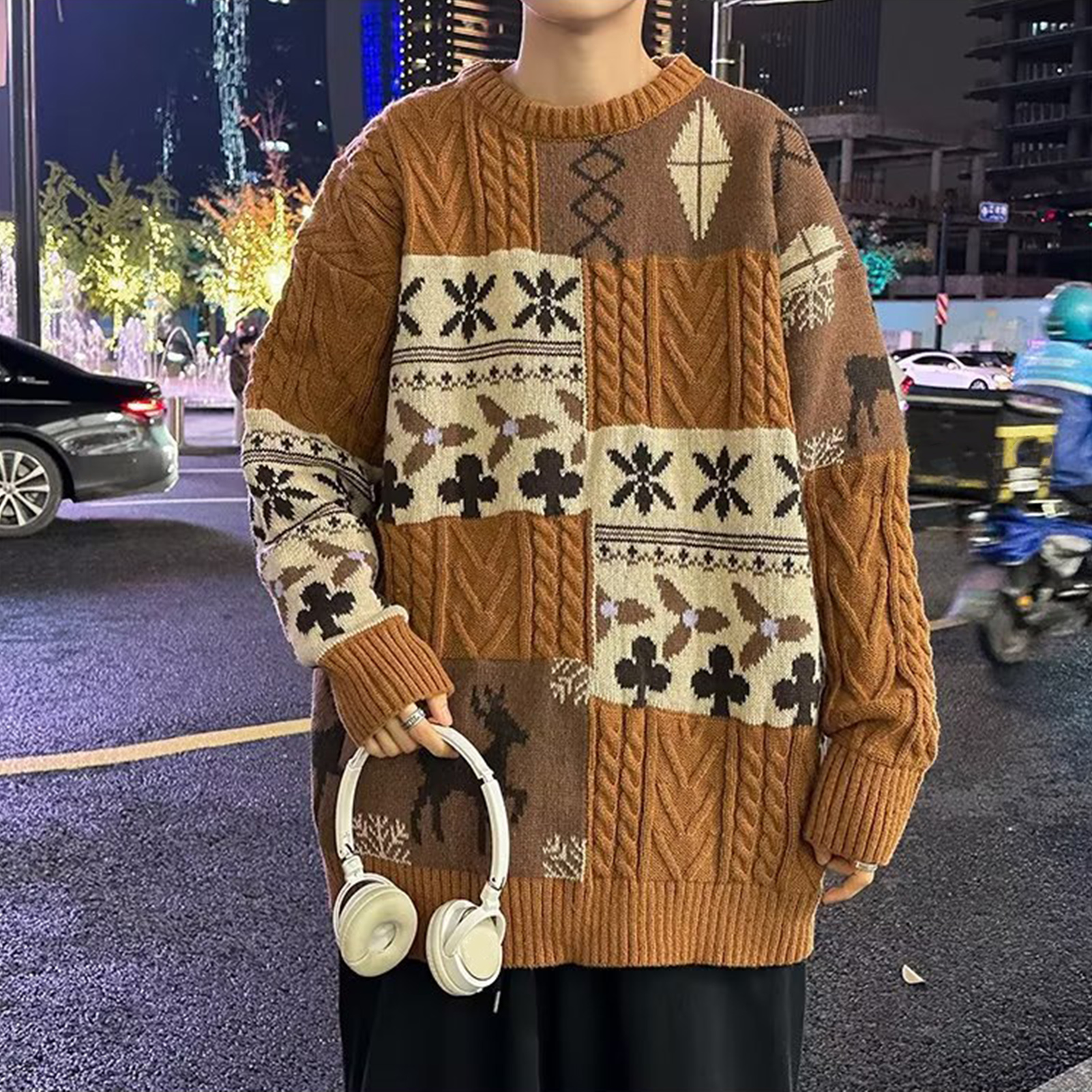 Pull de Style noël pour hommes, coupe ample, Colorblock, flocon de neige, élan, chaud et confortable, tricoté, 543_voghion.com