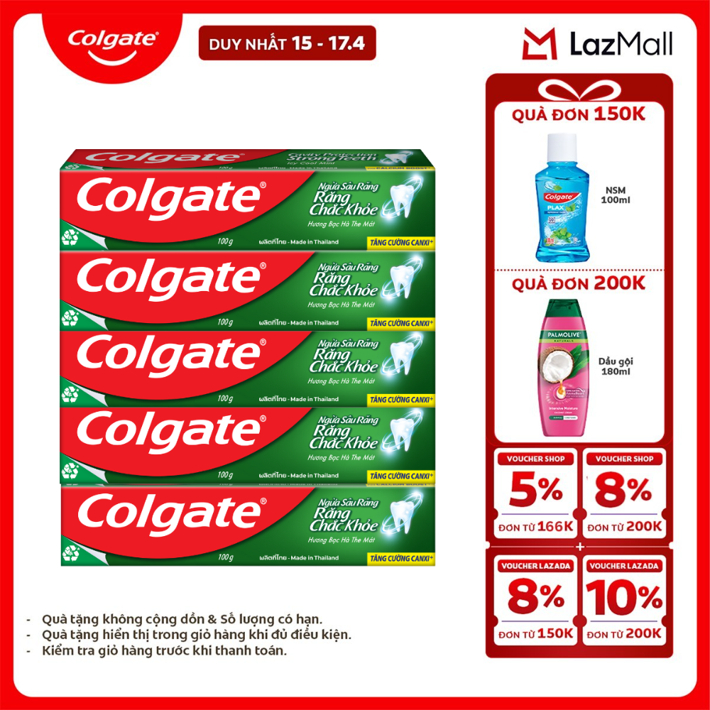 [Chỉ 15-17.4_X2 Voucher giảm đến 18%] Bộ 5 Kem đánh răng Colgate ngừa sâu răng răng chắc khỏe 100g/tuýp
