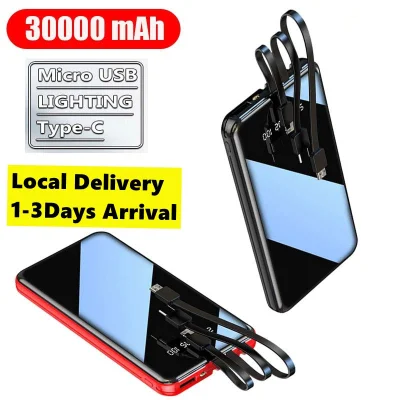 Ready Stock 30000mAh Power Bank Portable Fast Charging Full Screen Built-in 3 Cables Powerbank External Batter
