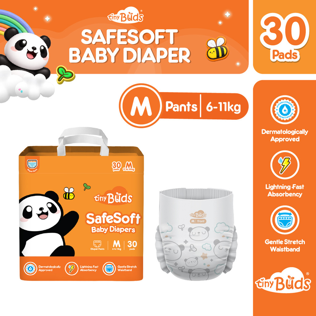 Tiny Buds Baby SafeSoft Pants Diaper Medium M 6–11kg (30pcs) | Hypoallergenic Double Leak Guard