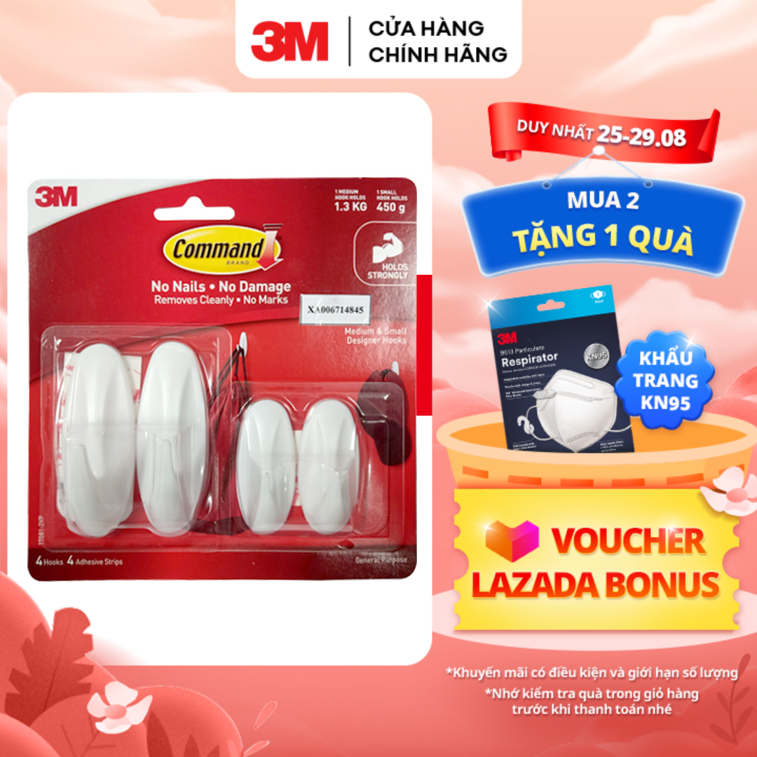 Bộ 4 Móc dán tường 3M™ Command™, 17081, độ bền cao, bám cực chắc, chịu lực tối đa 1.3kg, Dùng sắp xếp nhà cửa
