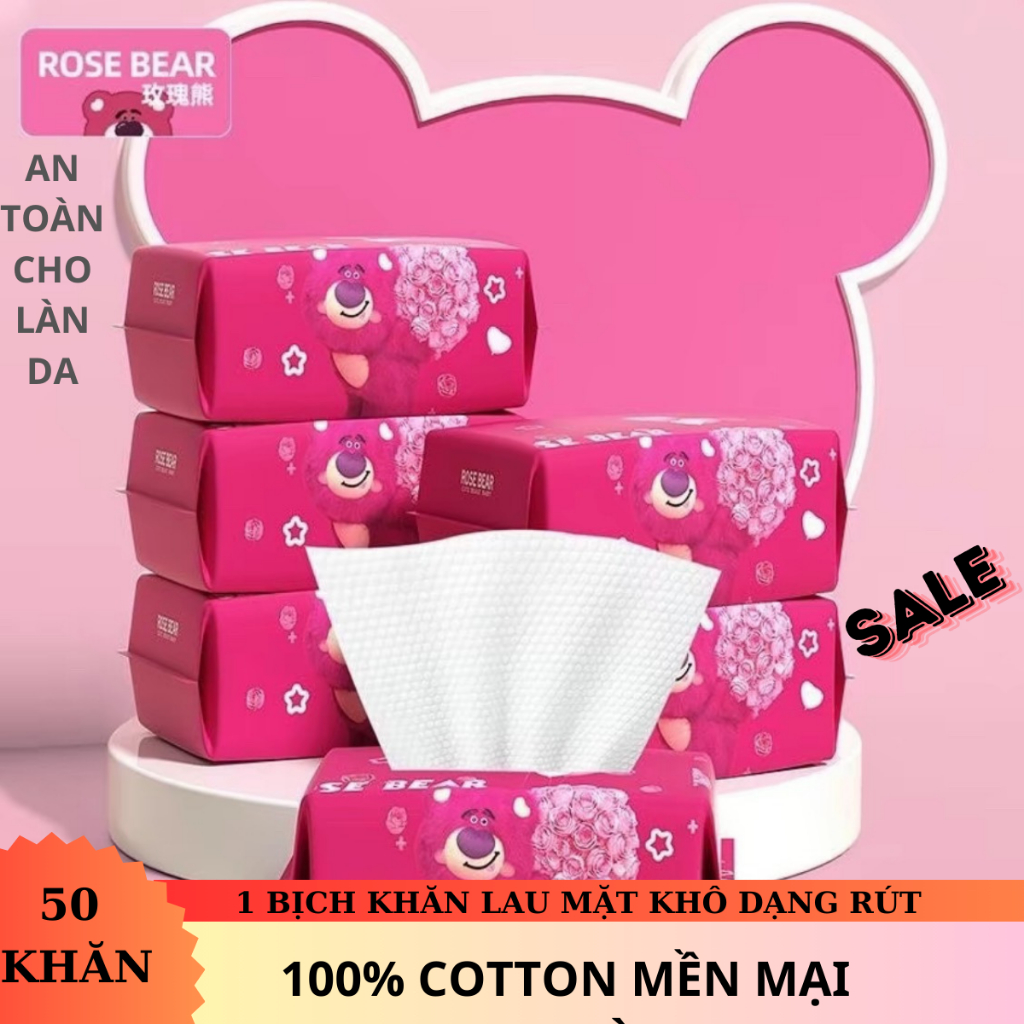 Combo 5 Gói Khăn Giấy Khô Đa Năng ROSE BEAR Gấu Hồng - Dùng 1 Lần - Bông COTTON Tự Nhiên Gia Dụng Số 1 Việt Nam