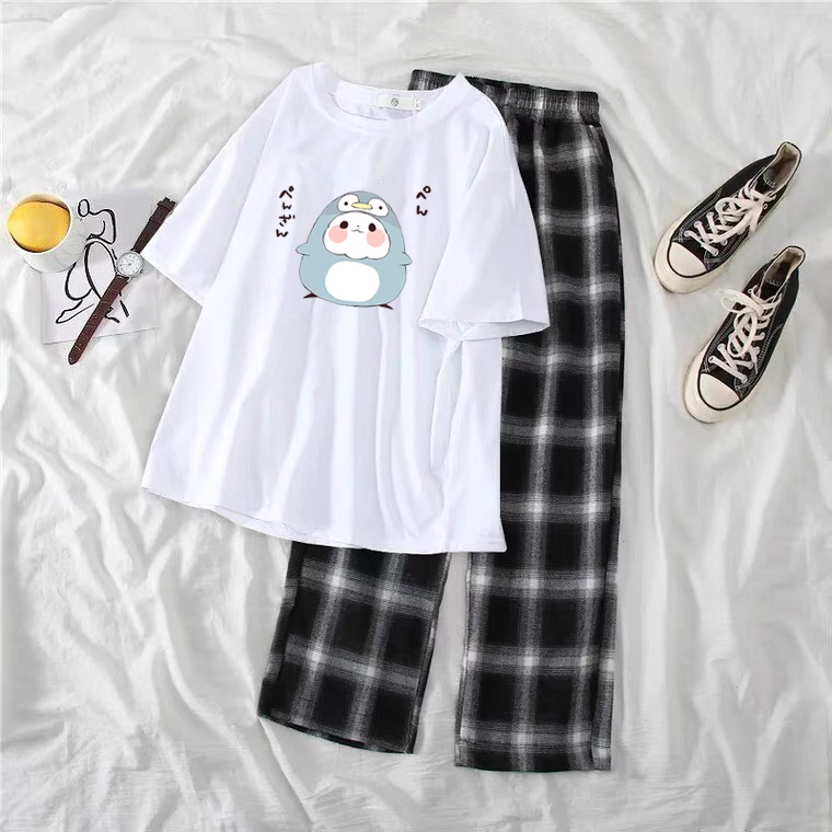 Set Áo Cánh cục và quần kẻ đen, Áo thun from rộng, Chất đẹp không xù, quần suông ống rộng