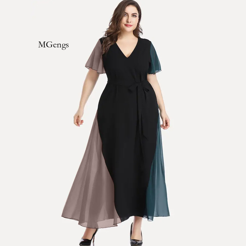 Plus Size V-Neck Summer Elegant Chiffon Party Women Short Sleeve Maxi Casual Sash Waist Fit Flare Evening Dress 6Xl