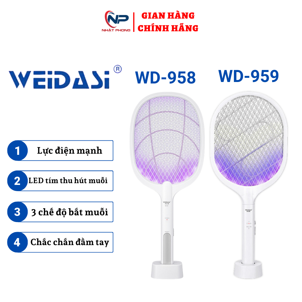 Vợt muỗi thông minh tự động kiêm đèn thu hút muỗi WEIDASI-958,959 sạc tích điện, vợt bắt muỗi thông minh cao cấp để bàn