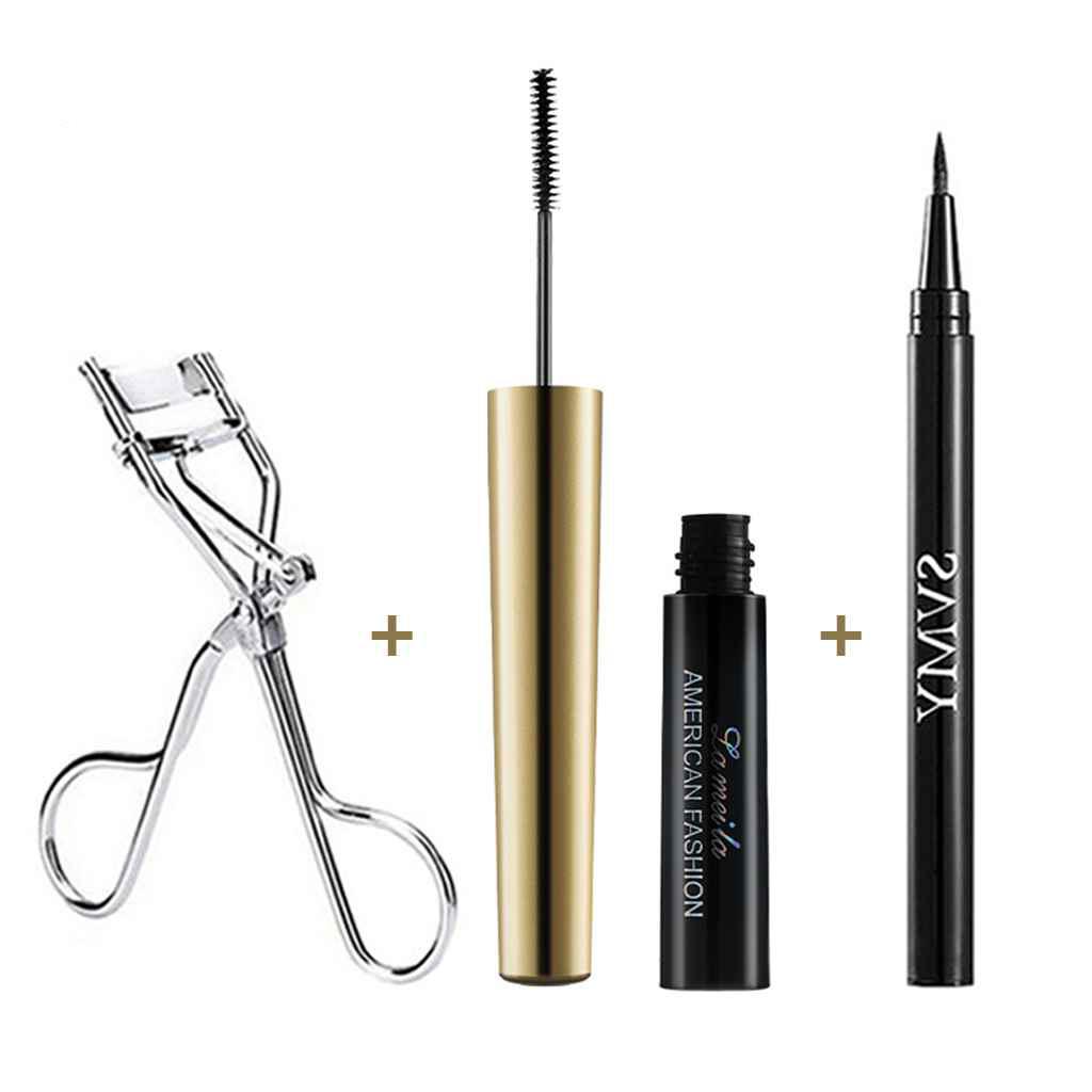 KUESICR Lameila 3 bộ trang điểm mắt Bút kẻ mắt lâu trôi chống thấm nước Bút kẻ mắt màu đen + màu đen sáng mảnh mai uốn mắt đen Mascara + Kẹp Uốn mi tự nhiên mượt