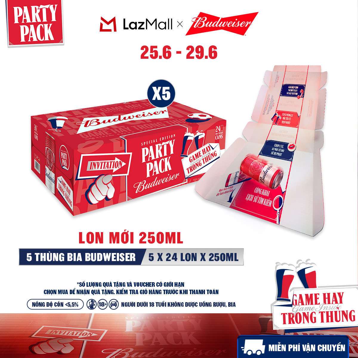 Combo 5 Thùng 24 Lon Bia Budweiser PartyPack Chính Hãng (250ml/lon)