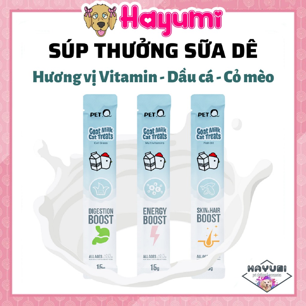 SÚP THƯỞNG SỮA DÊ CHO MÈO PETQ, VITAMIN, DẦU CÁ, CỎ MÈO - HAYUMI